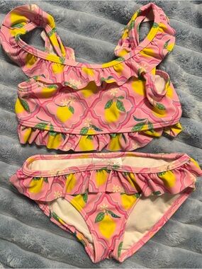 Mini Boden Girls Bikini Set 4-5Y Lemon Print Ruffle Two Piece Swimsuit Pink